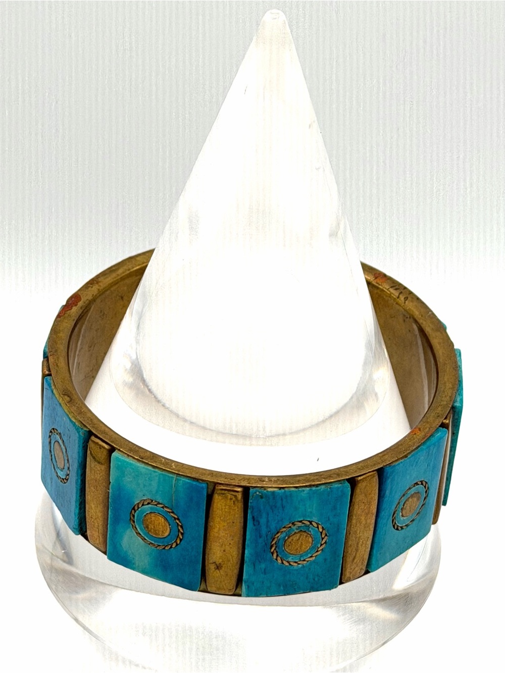 Vintage Brass Bangle Cuff Bracelet Sun Planet Detail Blue Tiles Womans Jewelry